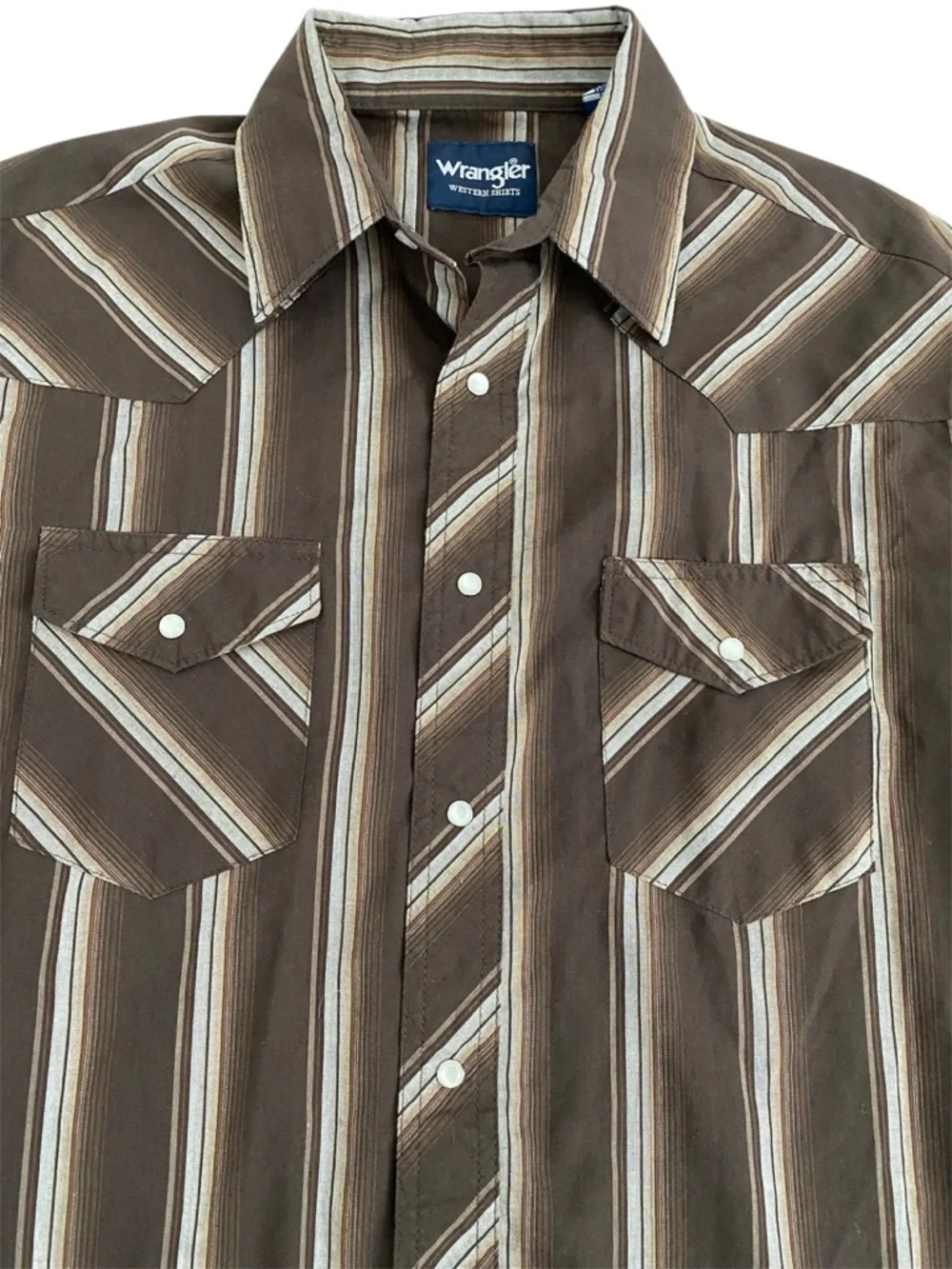 Wrangler Western Pearl Snap Shirt Men’s L Brown Stripe Retro Cowboy Rodeo NWOT